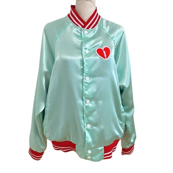 TUESDAY BASSEN MIXED EMOTIONS SATIN BOMBER JACKET IN MINT AND RED - XL - Picture 2 of 11
